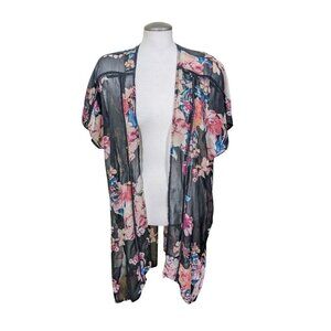 Band Of Gypsies Womens S Black Sheer Floral Kimono Duster Open Boho Whimsigoth